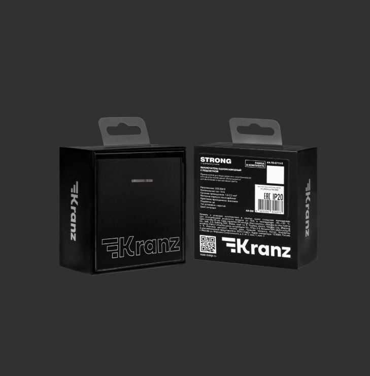 KRANZ Выключатель STRONG 1 кл с подсветкой 10А с/у антрацит KR-78-0713-5
