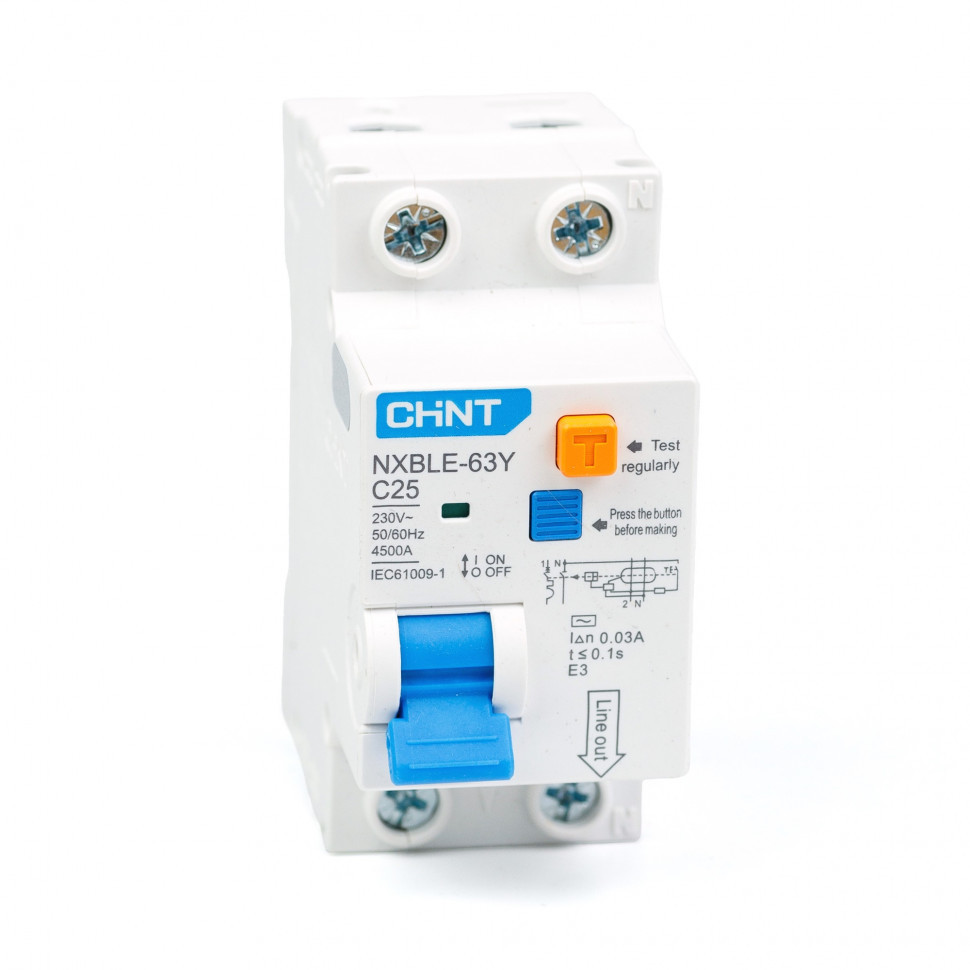 Дифференциальный автомат АВДT CHINT NXBLE-63Y 1P+N 4.5kA х-ка С 25А тип АС 30mA (R) 105544