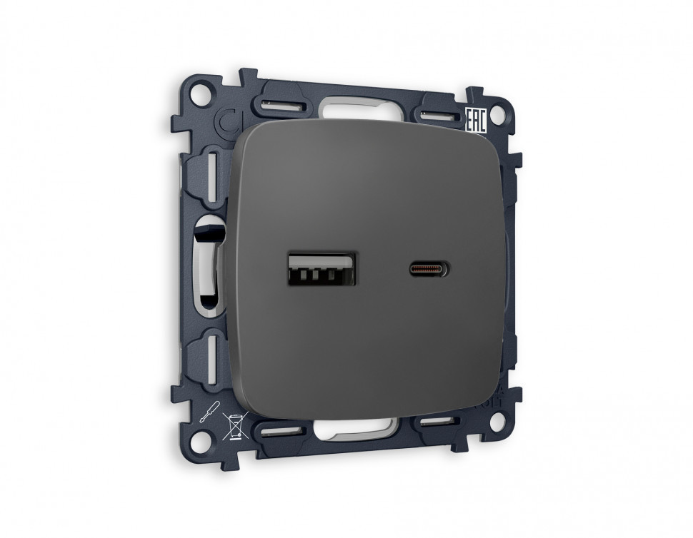 Комплект механизма розетки OMEGA MO911010 Графит мягкое касание 2USB A+C 20W быстрая зарядка QUANT