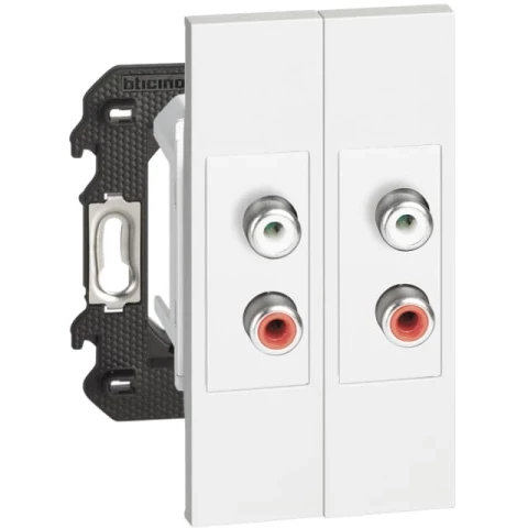 Розетка акустическая с разъёмами RCA 4 канала 2 модуля. Цвет Белый. Bticino серия Living