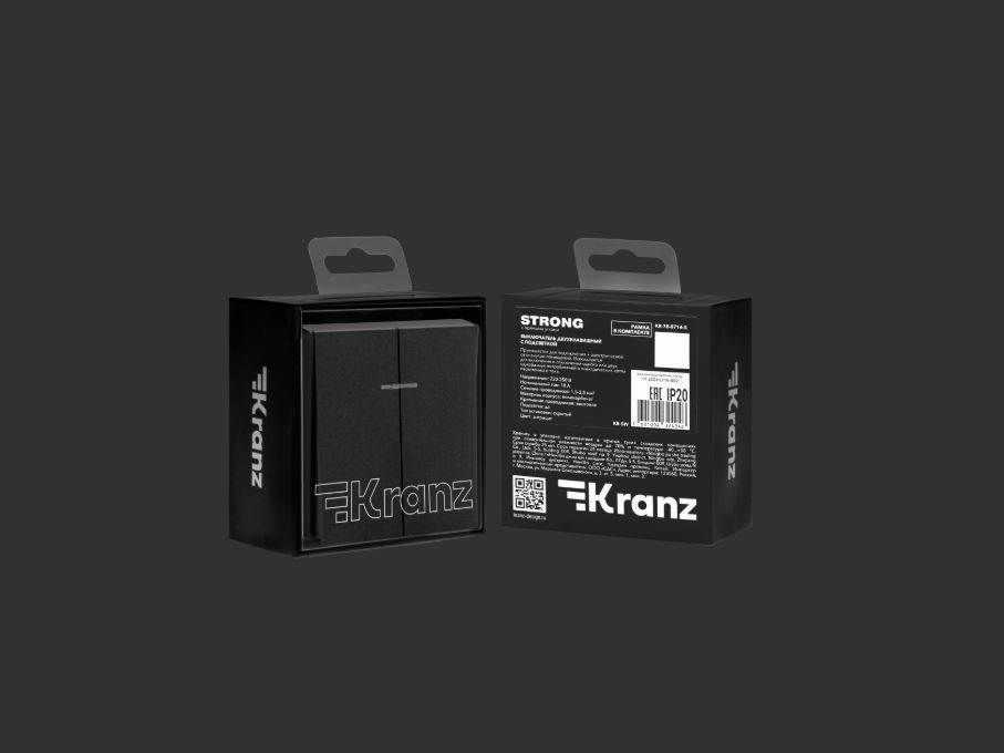 KRANZ Выключатель STRONG 2 кл с подсветкой 10А с/у антрацит KR-78-0714-5