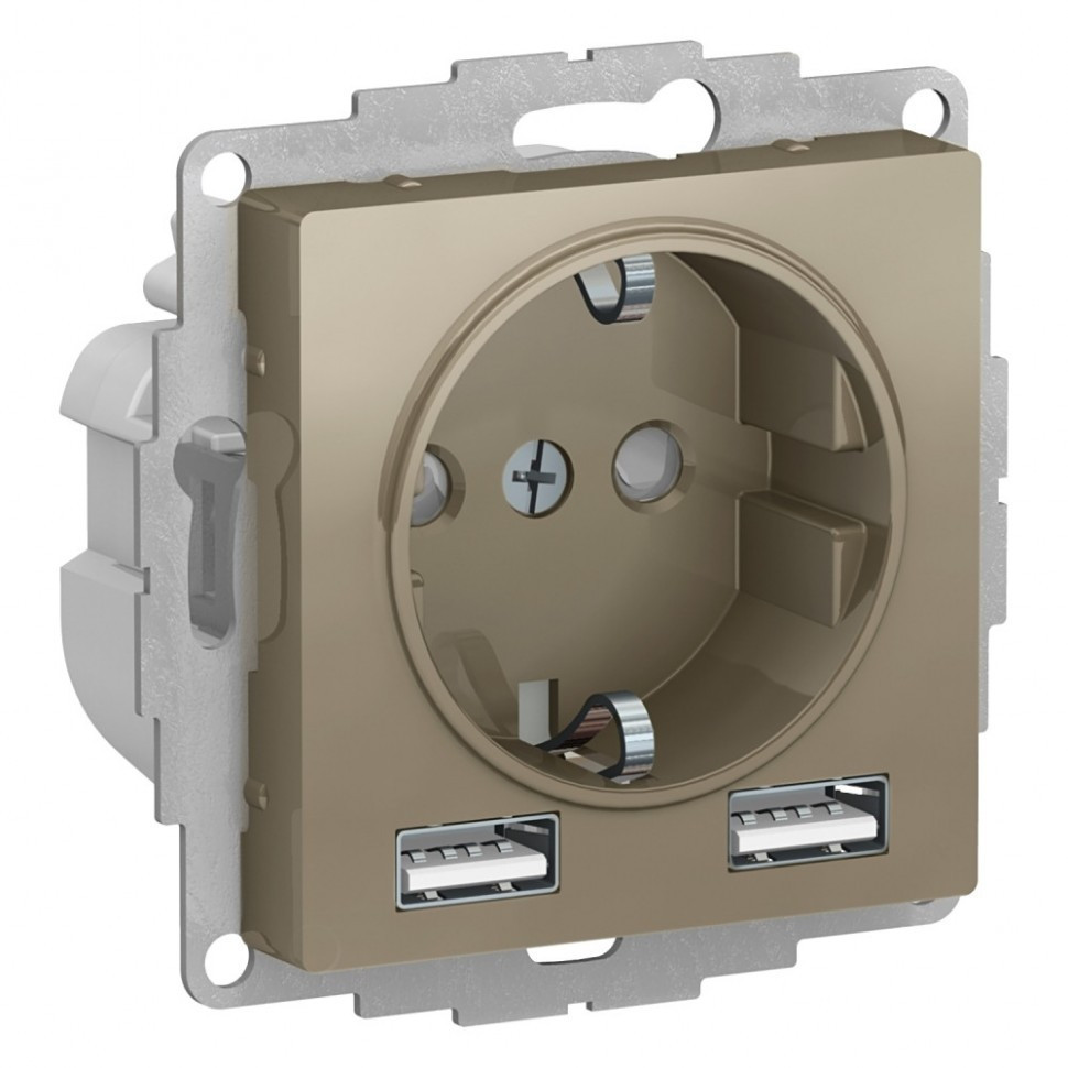 Розетка силовая + USB type - A+A, 5В/2,4А, 2х5В/1,2А Systeme Electric Atlas Design шампань ATN000530
