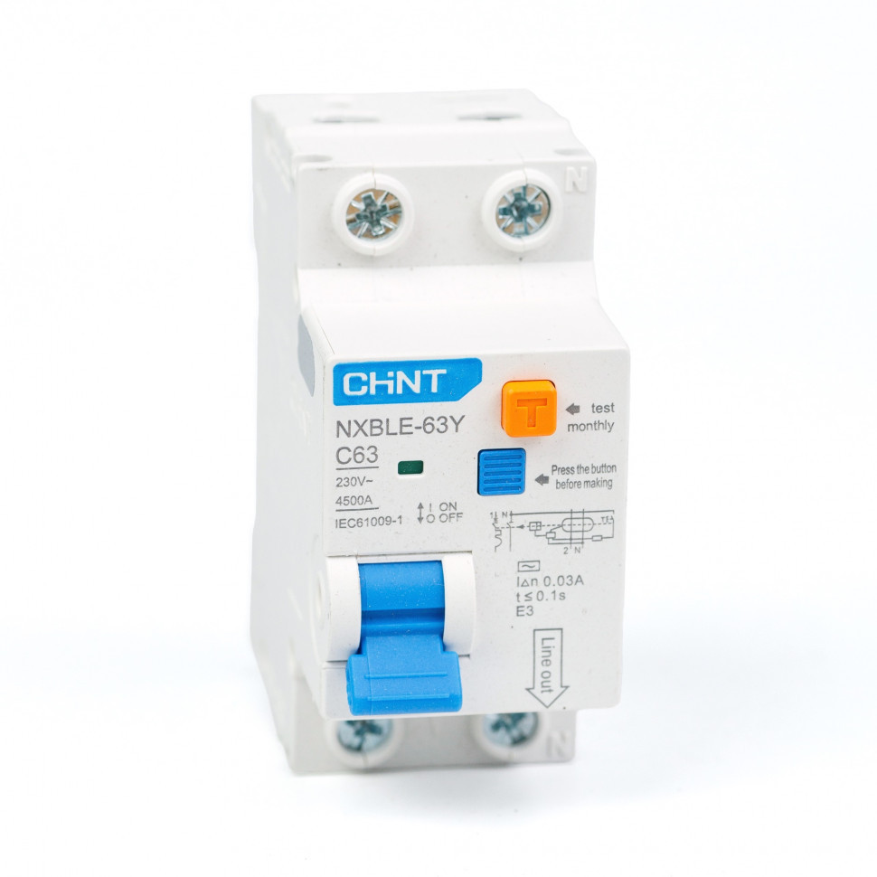 Дифференциальный автомат АВДT CHINT NXBLE-63Y 1P+N 4.5kA х-ка С 63А тип АС 30mA (R) 105548