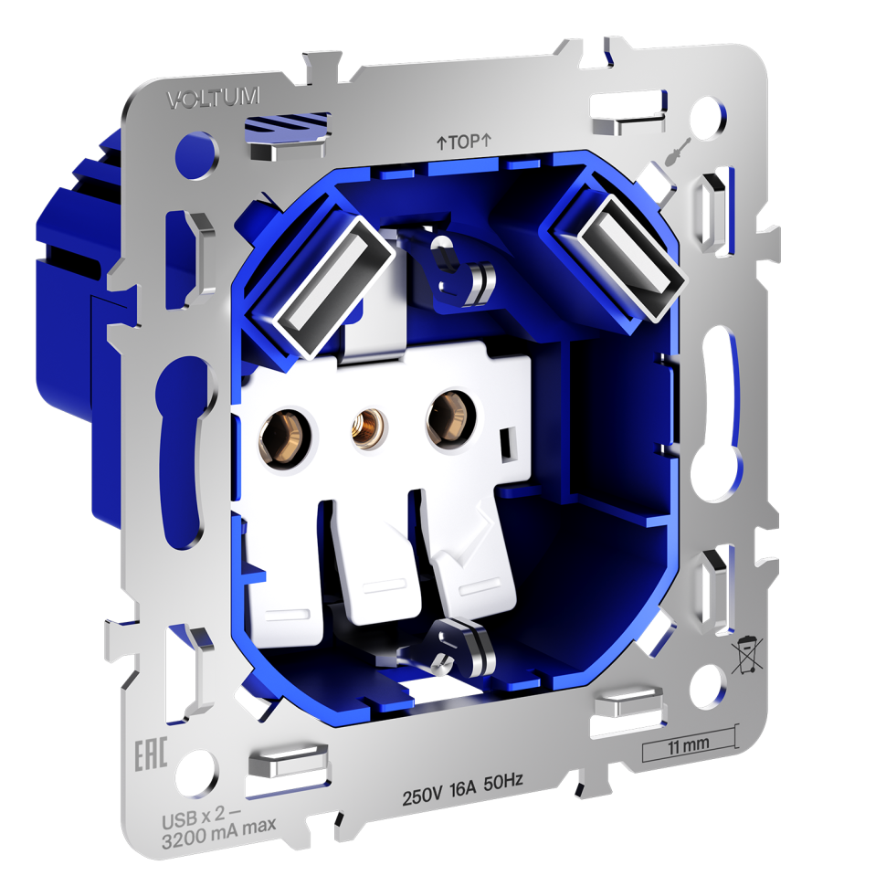 Механизм розетки с заземлением и защитными шторками 16А, с USB A+A, S70