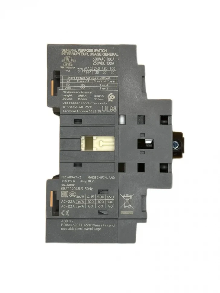 Рубильник ABB OT100F3 100А 3P на DIN-рейку или монтажную плату (с ручкой) 1SCA105004R1001