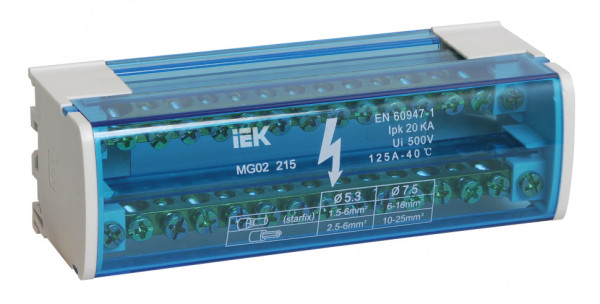Шины на DIN-рейку в корпусе (кросс-модуль) ШНК 2х15 L+PEN IEK YND10-2-15-125