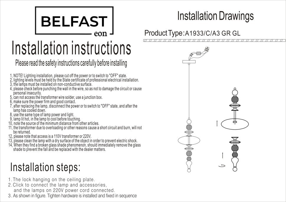 Подвесной светильник Belfast Herbison A1933-C-A3 GR GL