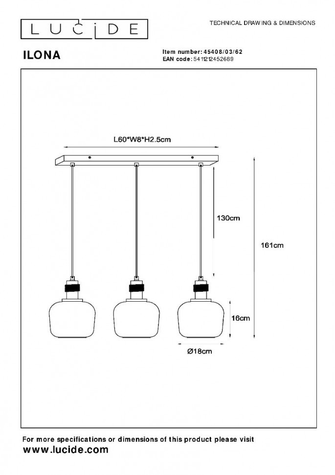 Подвесной светильник Lucide Ilona 45408/03/62