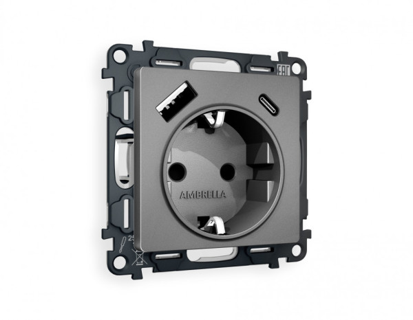Комплект механизма электрической розетки ALFA MA660010 Антрацит серый 2USB A+C 20W быстрая зарядка с заземлением и шторками 2P+E 16A-250V QUANT