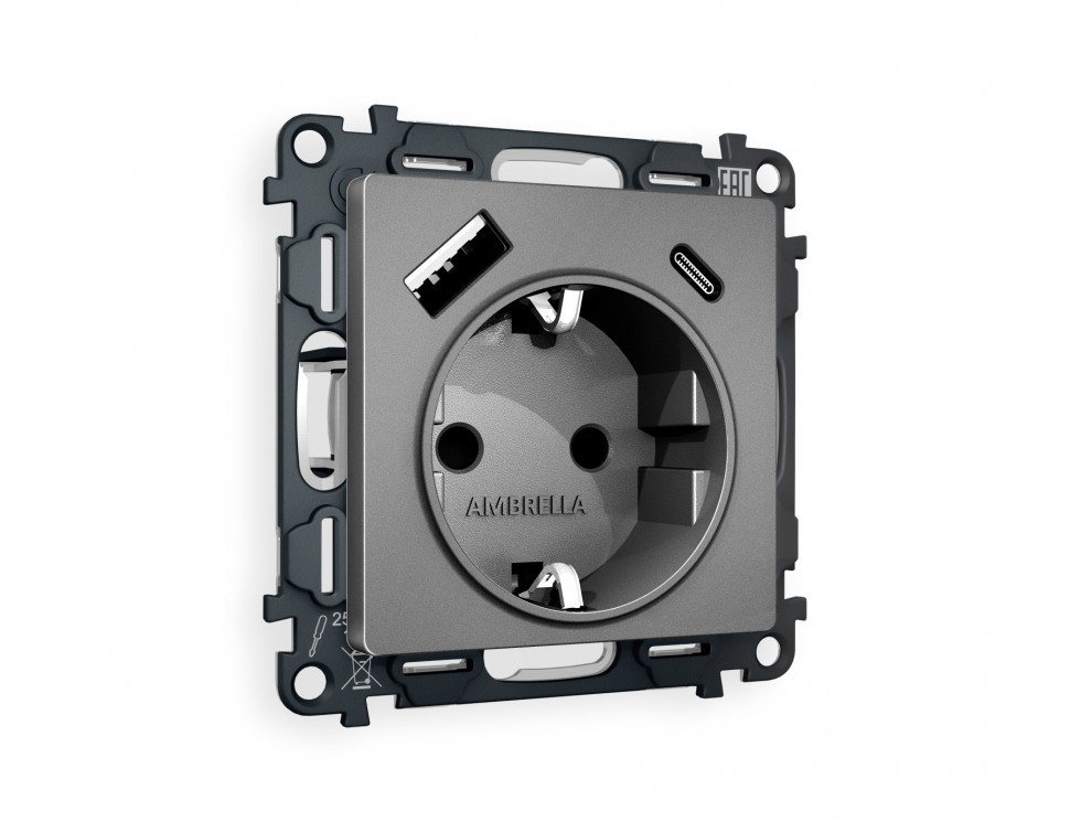 Комплект механизма электрической розетки ALFA MA660010 Антрацит серый 2USB A+C 20W быстрая зарядка с заземлением и шторками 2P+E 16A-250V QUANT