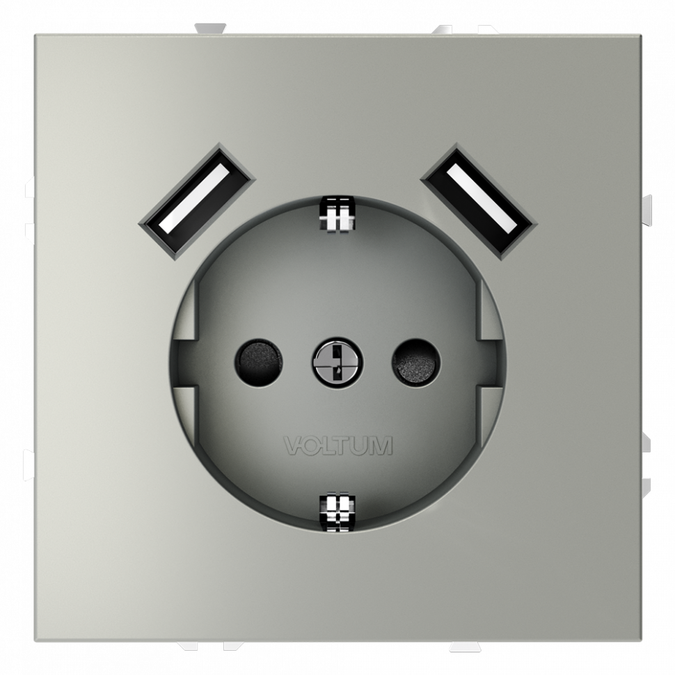 Розетка встраиваемая VOLTUM S70 с заземлением и защитными шторками, 16А, с USB, A+A, (сталь) VLS040405