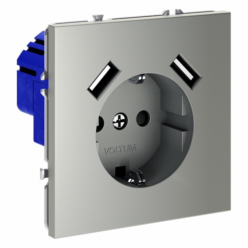 Розетка встраиваемая VOLTUM S70 с заземлением и защитными шторками, 16А, с USB, A+A, (сталь) VLS040405