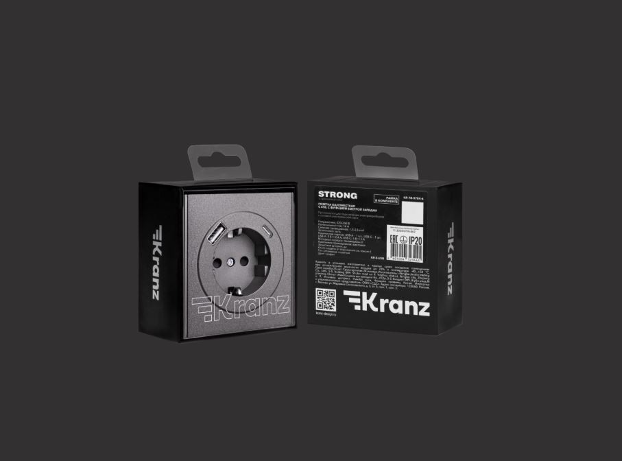 KRANZ Розетка STRONG 1-ая с/з с/у з/ш 16А с USB A+C быстрой зарядки 5В/3А графит KR-78-0704-6