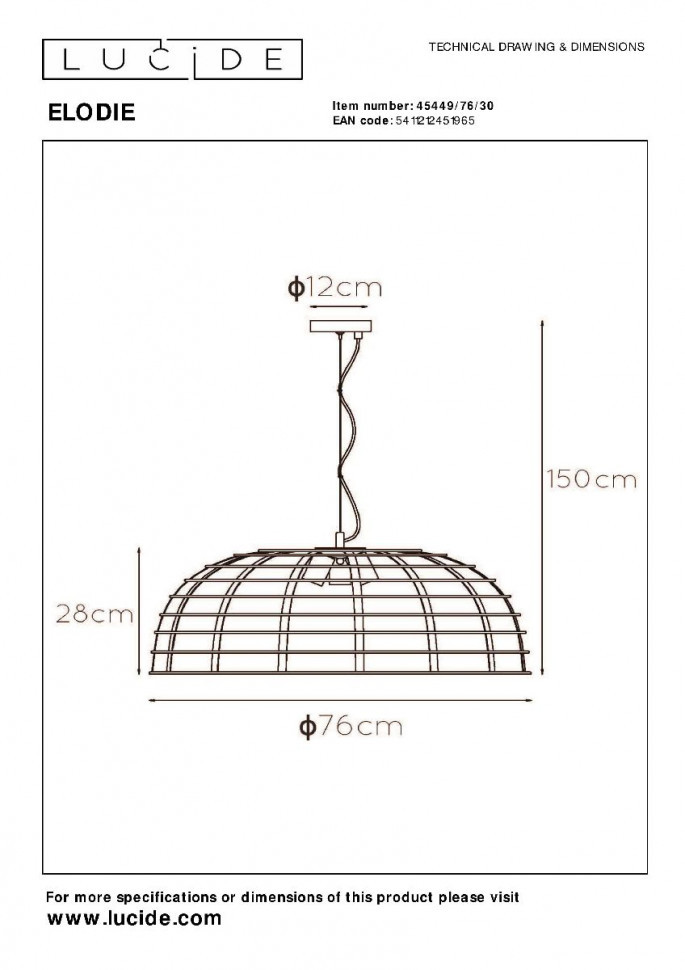 Подвесной светильник Lucide Elodie 45449/76/30