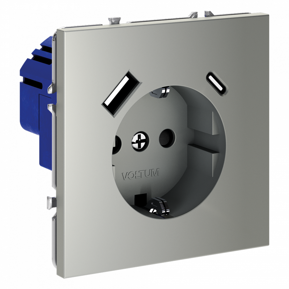 Розетка встраиваемая VOLTUM S70 с заземлением и защитными шторками, 16А, с USB, A+С, (сталь) VLS040505