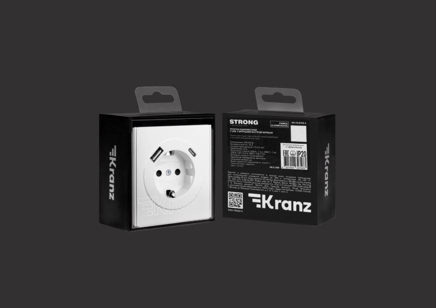 KRANZ Розетка STRONG 1-ая с/з с/у з/ш 16А с USB A+C быстрой зарядки 5В/3А жемчуг KR-78-0704-4
