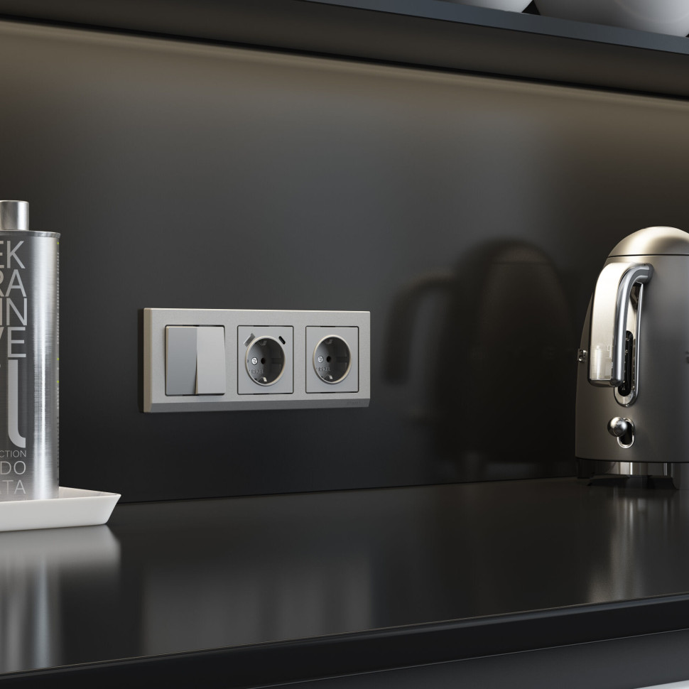 Розетка с заземлением, шторками и USB тип A+C серебряный матовый W1171765