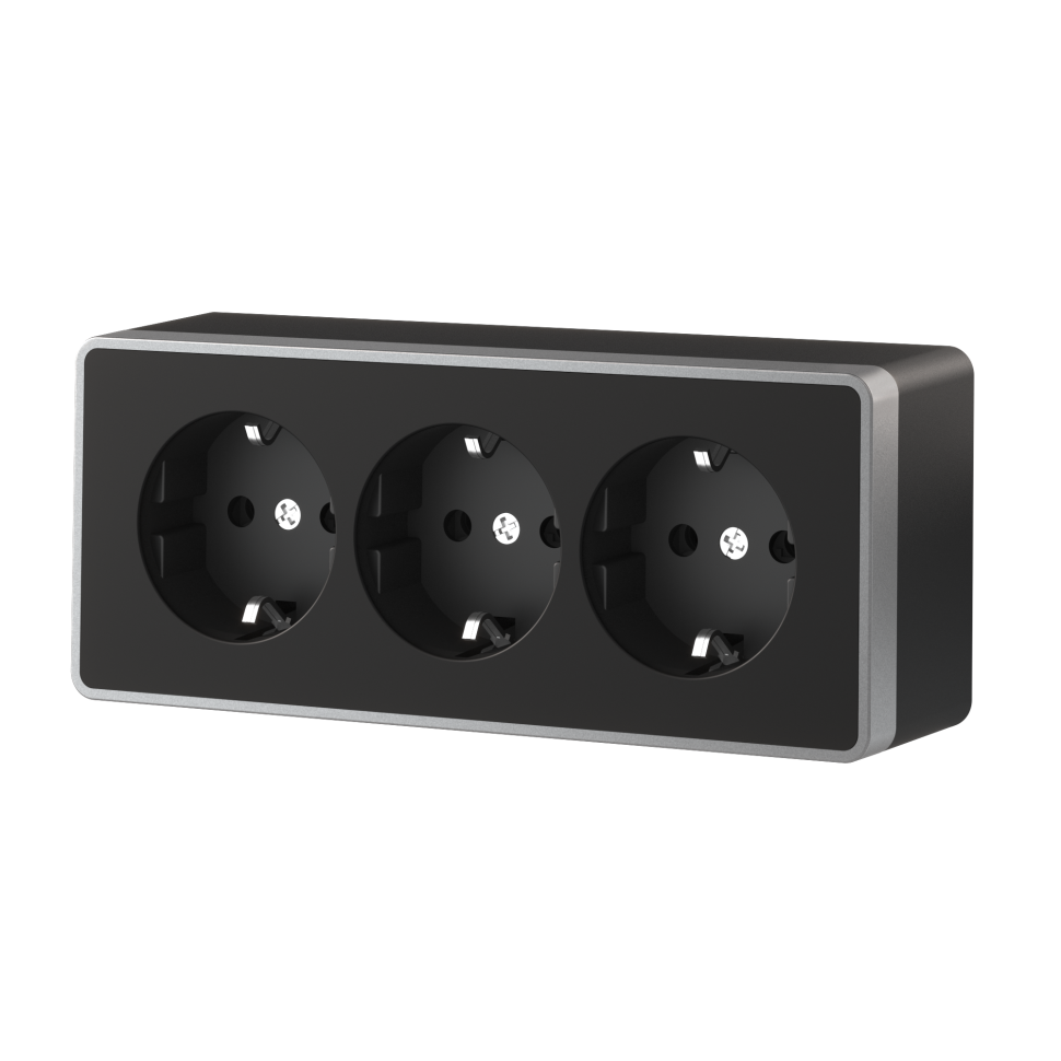 W5073134/ Розетка тройная с заземлением и шторками Gallant (черный с серебром) W5073134