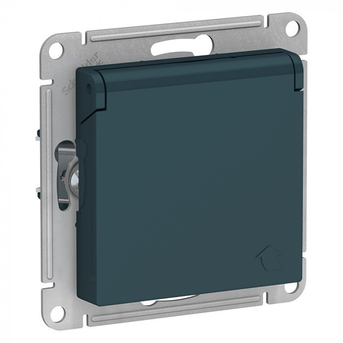 Розетка силовая Schneider Electric Atlas Design со шторками и крышкой, изумруд ATN000846