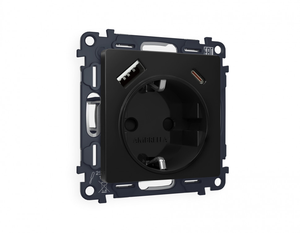 Комплект механизма электрической розетки ALFA MA810010 Черный матовый 2USB A+C 20W быстрая зарядка с заземлением и шторками 2P+E 16A-250V QUANT