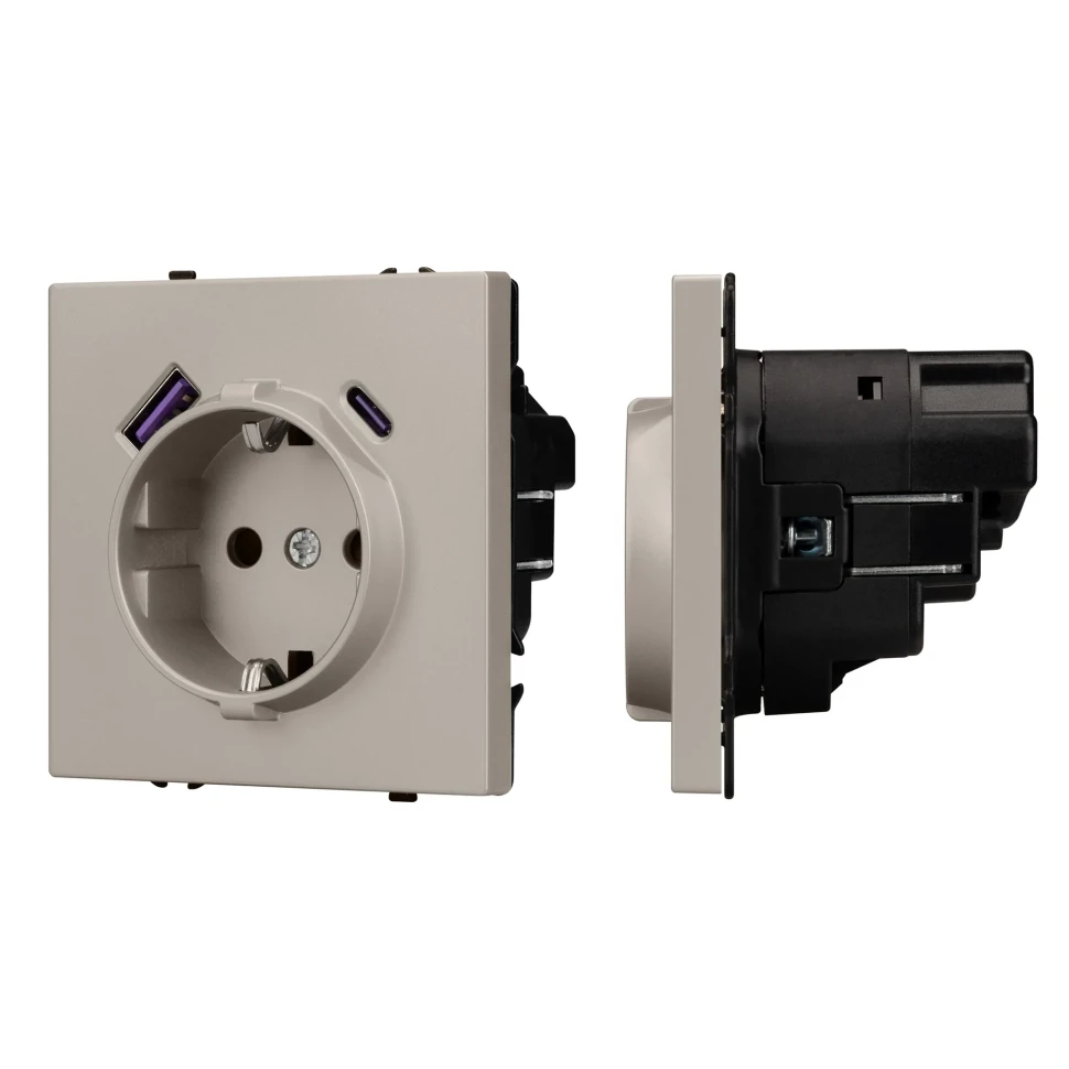 Розетка Schuko 250V 16A с USB-портом для зарядки Type A + Type C, с защитными шторками, 3,1А, 20W, NEO PLUS  контакты винтовые  