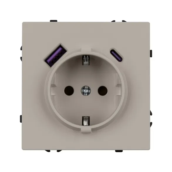 Розетка Schuko 250V 16A с USB-портом для зарядки Type A + Type C, с защитными шторками, 3,1А, 20W, NEO PLUS  контакты винтовые  