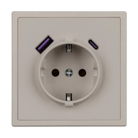 Розетка Schuko 250V 16A с USB-портом для зарядки Type A + Type C, с защитными шторками, 3,1А, 20W, NEO PLUS  контакты винтовые  