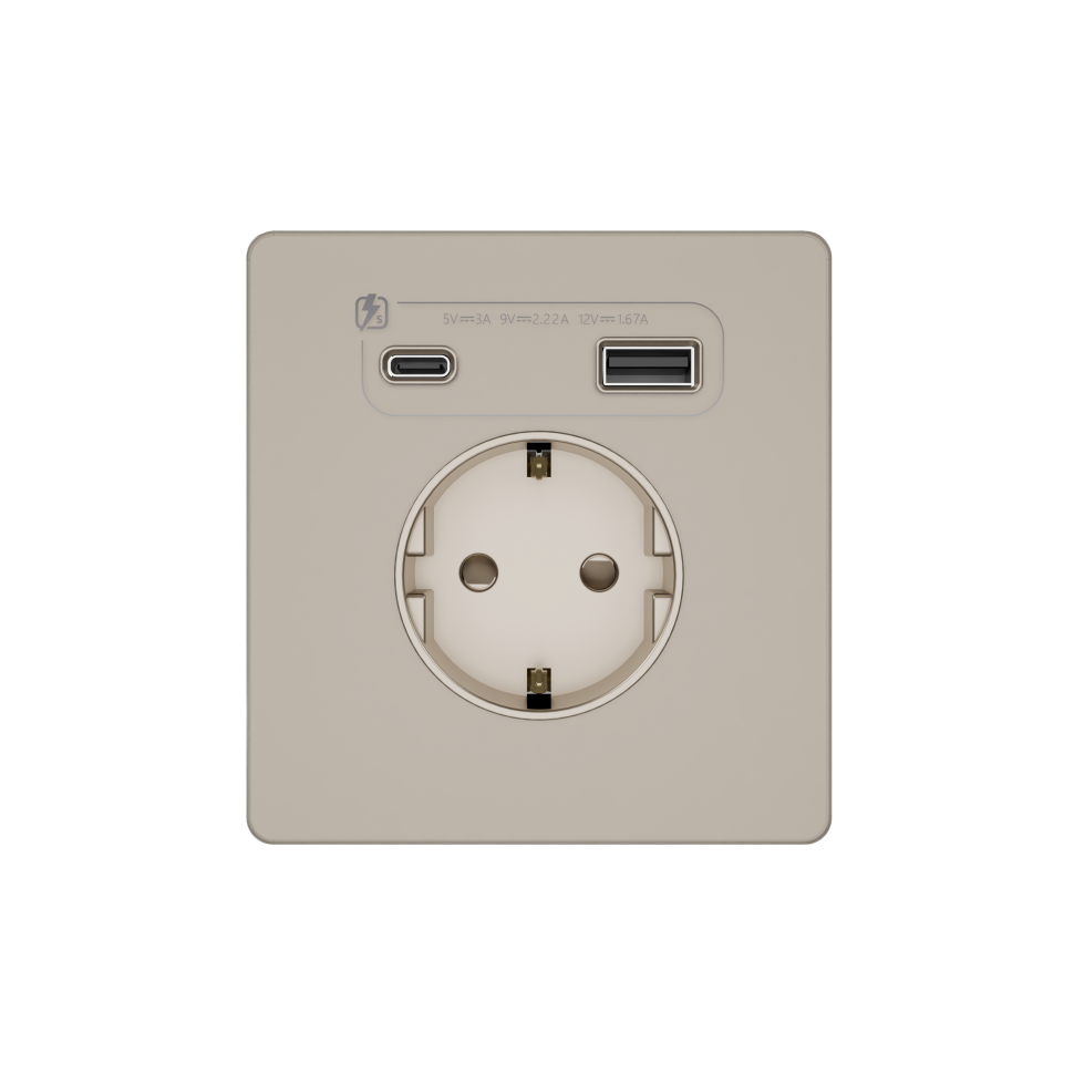 Systeme Infinity, Розетка С/У с ЗК и зар.устр.USB А+С 20Вт (250В, 16А, защит.шторки), Песчаный берег