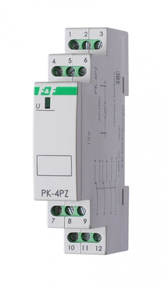 Реле промежуточный электромагнитный (Ампер-4x8 / Волт-12 AC/DC / Контакт-2NO/NC+2NO) PK-4PZ-12