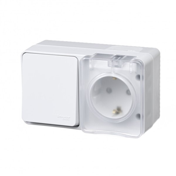Блок: розетка со шторками 16А 250B, выключатель 1-клавишный 10А Systeme Electric AtlasDesign Profi54, белый ATN540170