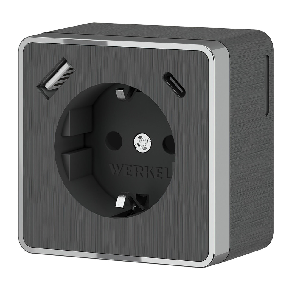 Розетка с заземлением, шторками и USB тип A+C Gallant графит рифленый W5071704