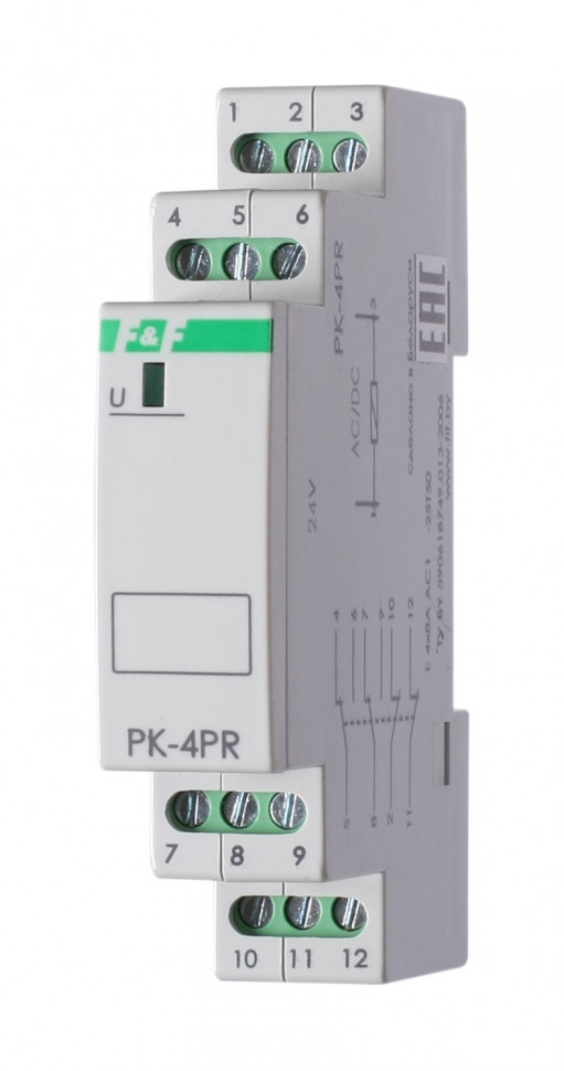 Реле промежуточный электромагнитный (Ампер-4x8 / Волт-12 AC/DC / Контакт-2NO/NC+2NC) PK-4PR-12