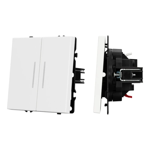 Выключатель двухклавишный проходной с подсветкой LED, NEO PLUS самозажимные контакты (белый матовый)