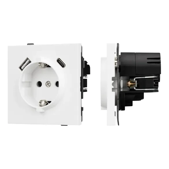 Розетка Schuko 250V 16A с USB-портом для зарядки Type A + Type C, с защитными шторками, 3,1А, 20W, IP-20, NEO 