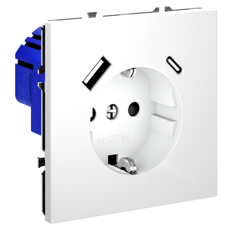 Розетка встраиваемая VOLTUM S70 с заземлением и защитными шторками, 16А, с USB, A+С, (белый матовый)