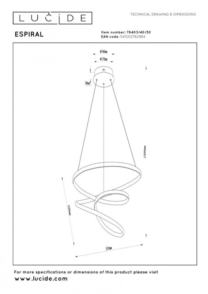 Подвесной светильник Lucide Espiral 78403/40/30