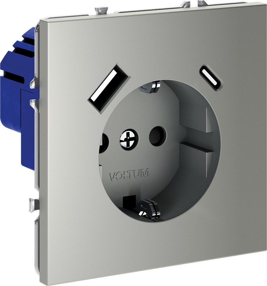 Розетка встраиваемая VOLTUM S70 с заземлением и защитными шторками, 16А, с USB, A+С, (сталь) VLS040505