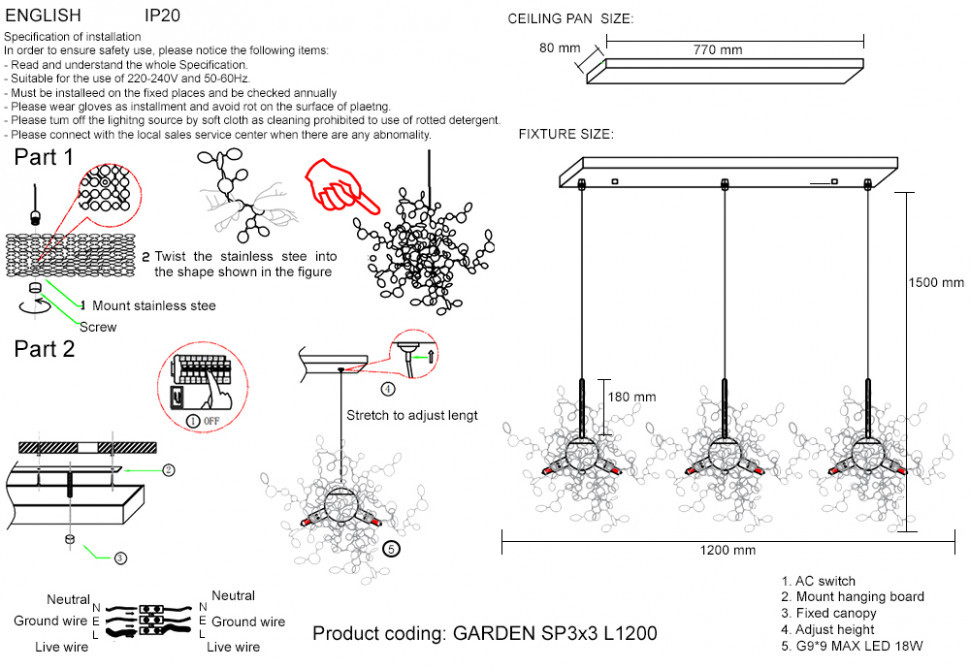 Подвесной светильник Crystal Lux GARDEN SP3х3 L1200 GOLD