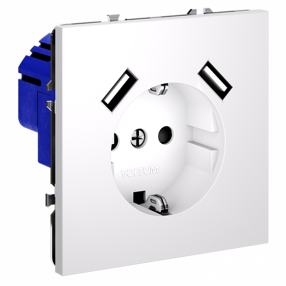 Розетка встраиваемая VOLTUM S70 с заземлением и защитными шторками, 16А, с USB, A+A, (белый матовый) VLS040402