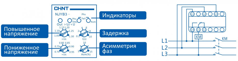 Реле контроля фаз CHINT NJYB3-8 (L1, L2, L3) AC380V 697027