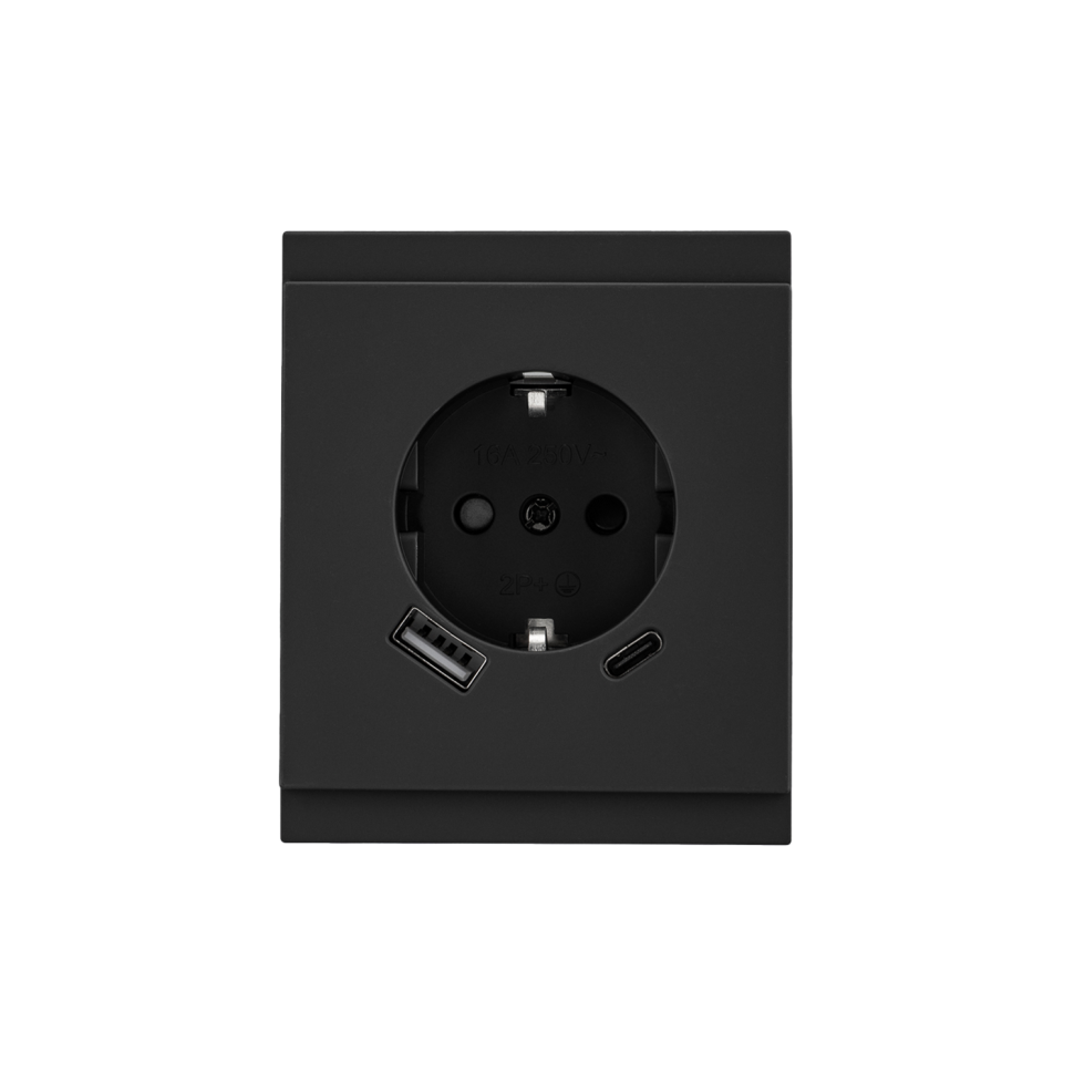 KRANZ SETE Розетка 1-ая с заземлением, шторками 16А и USB A+C быстрой зарядкой 5В/3А, антрацит KR-79-0704-4