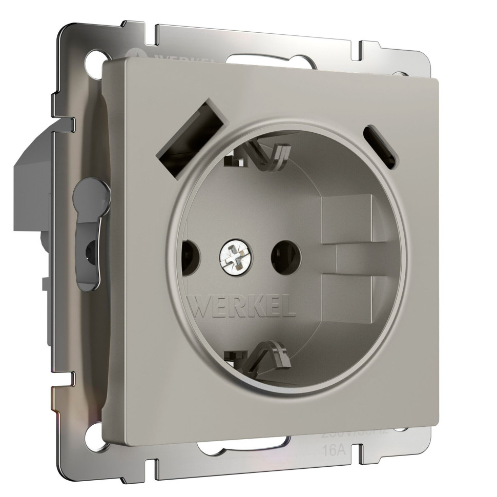 Розетка с заземлением, шторками и USB тип A+C (дымчатый) W1271704