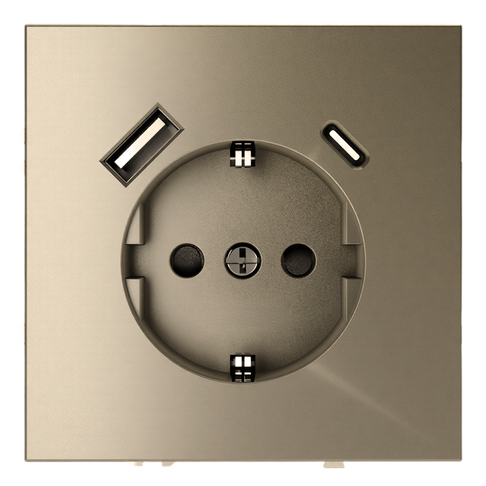 Розетка Schuko 250V 16A с USB-портом для зарядки Type A + Type C, с защитными шторками, 3,1А, 20W, IP-20, контакты винтовые  