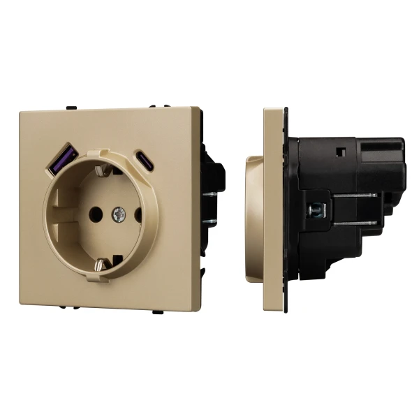 Розетка Schuko 250V 16A с USB-портом для зарядки Type A + Type C, с защитными шторками, 3,1А, 20W, NEO PLUS контакты винтовые 
