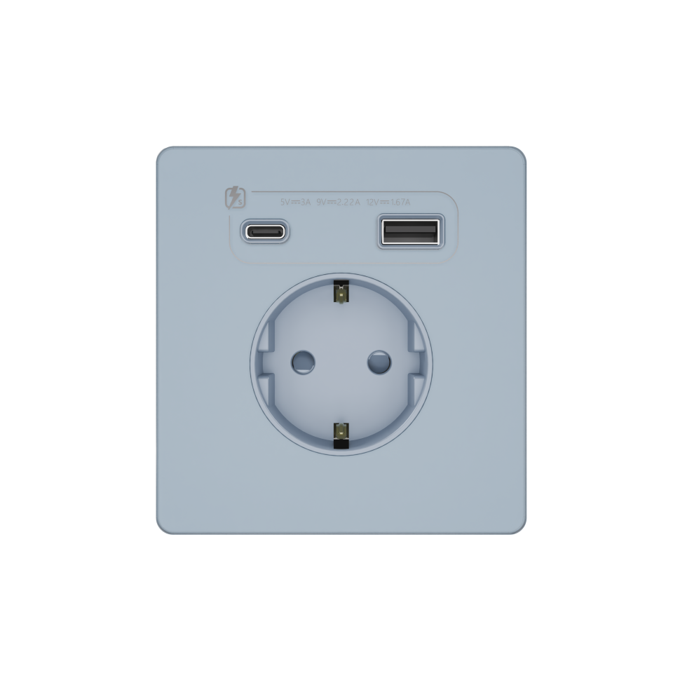 Systeme Infinity, Розетка С/У с ЗК и зар.устр.USB А+С 20Вт (250В, 16А, защит.шторки), Стальное небо