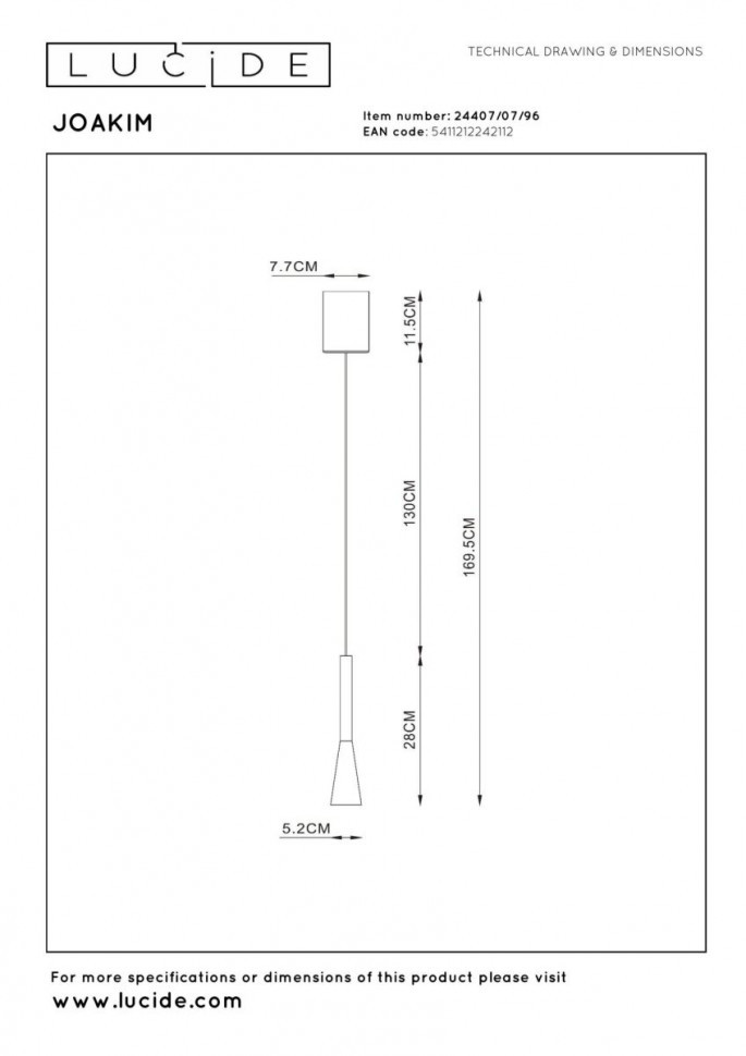 Подвесной светильник Lucide Joakim 24407/07/96