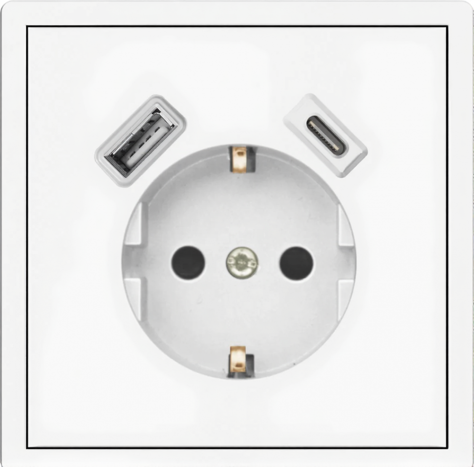 Розетка Schuko 250V 16A с USB-портом для зарядки Type A + Type C, с защитными шторками, 3,1А, 20W, IP-20, контакты винтовые