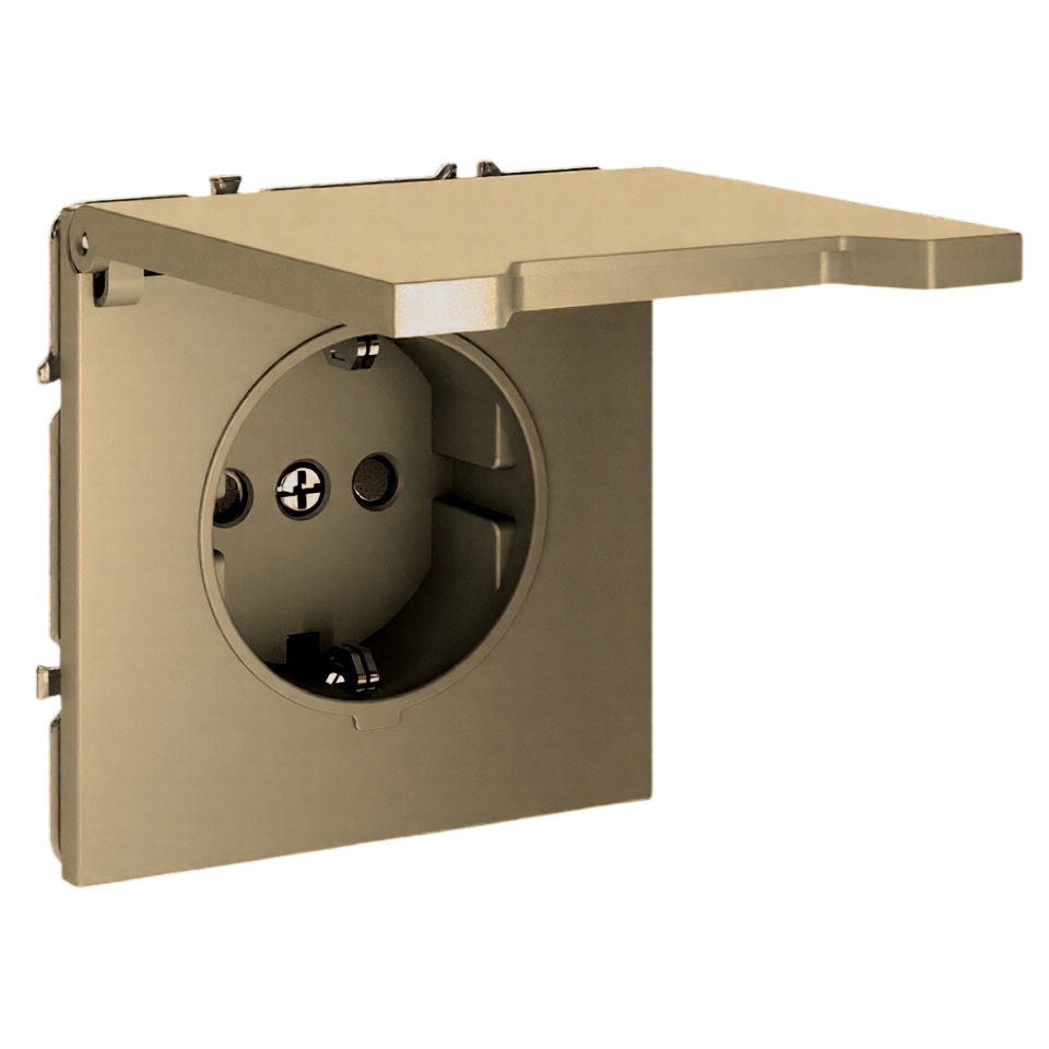 Розетка с заземлением Schuko с крышкой с защитными шторками, 250В, 16А, IP-44, (золото)  