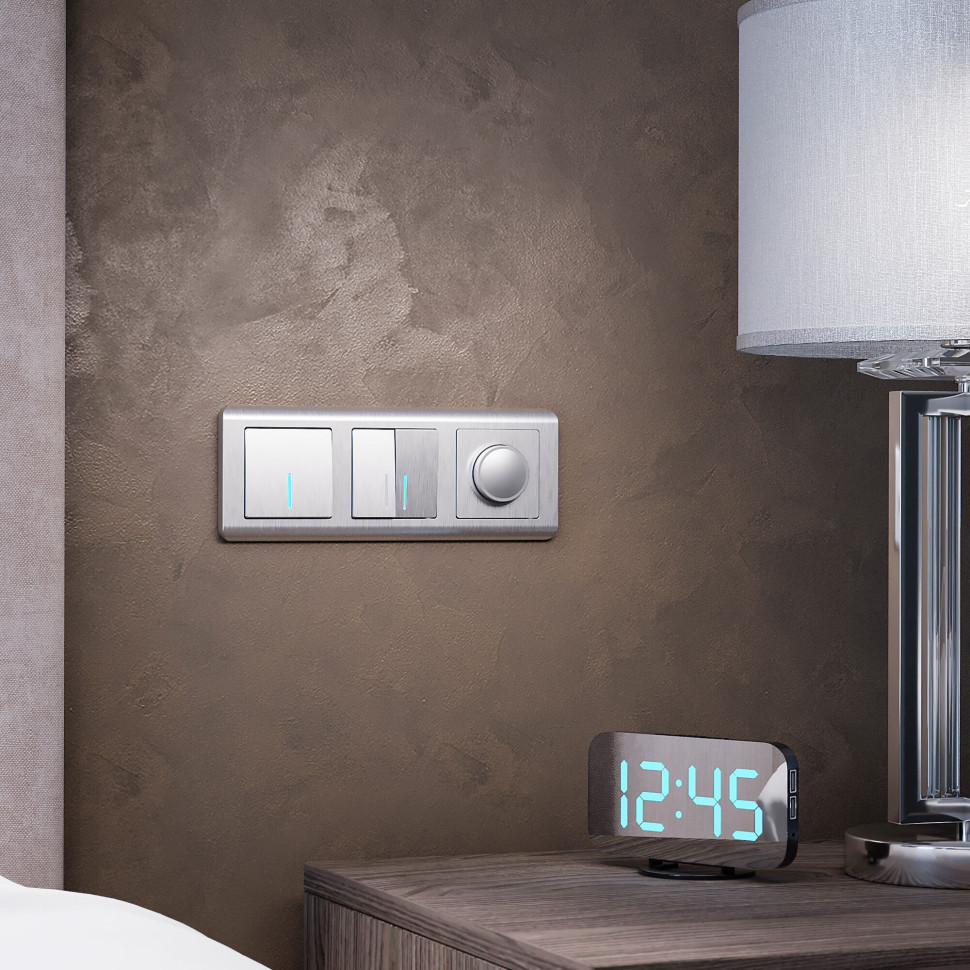 W1110109/ Выключатель одноклавишный с подсветкой (cеребряный рифленый) W1110109