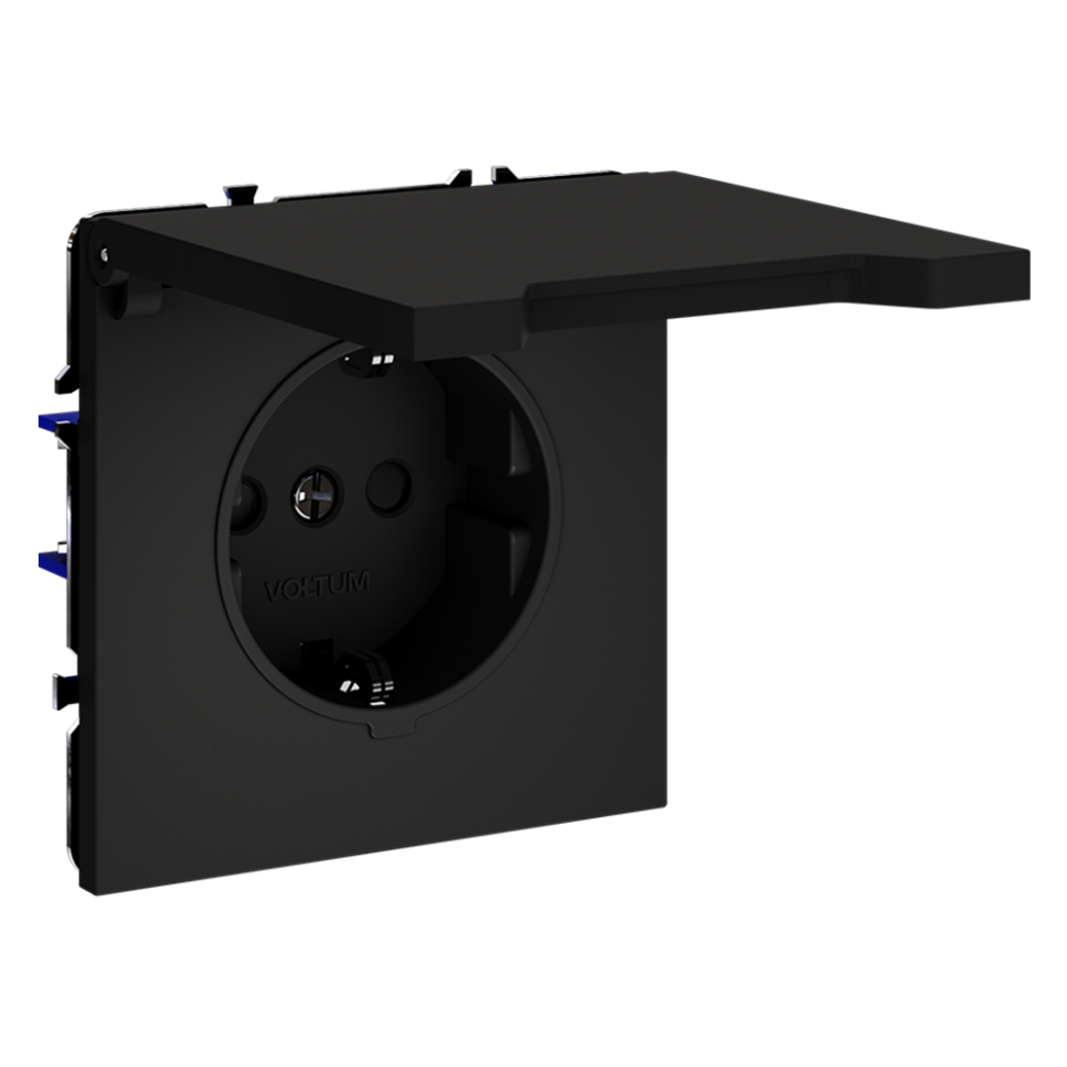 Розетка встраиваемая VOLTUM S70 с заземлением, защитными шторками и крышкой 16А, (черный матовый)